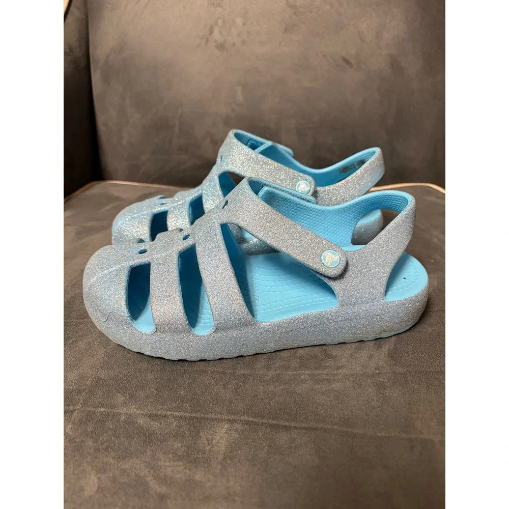 Crocs Glitter Sandals Blue Sparkle Jelly Fisherman Shoes Kids Junior 4